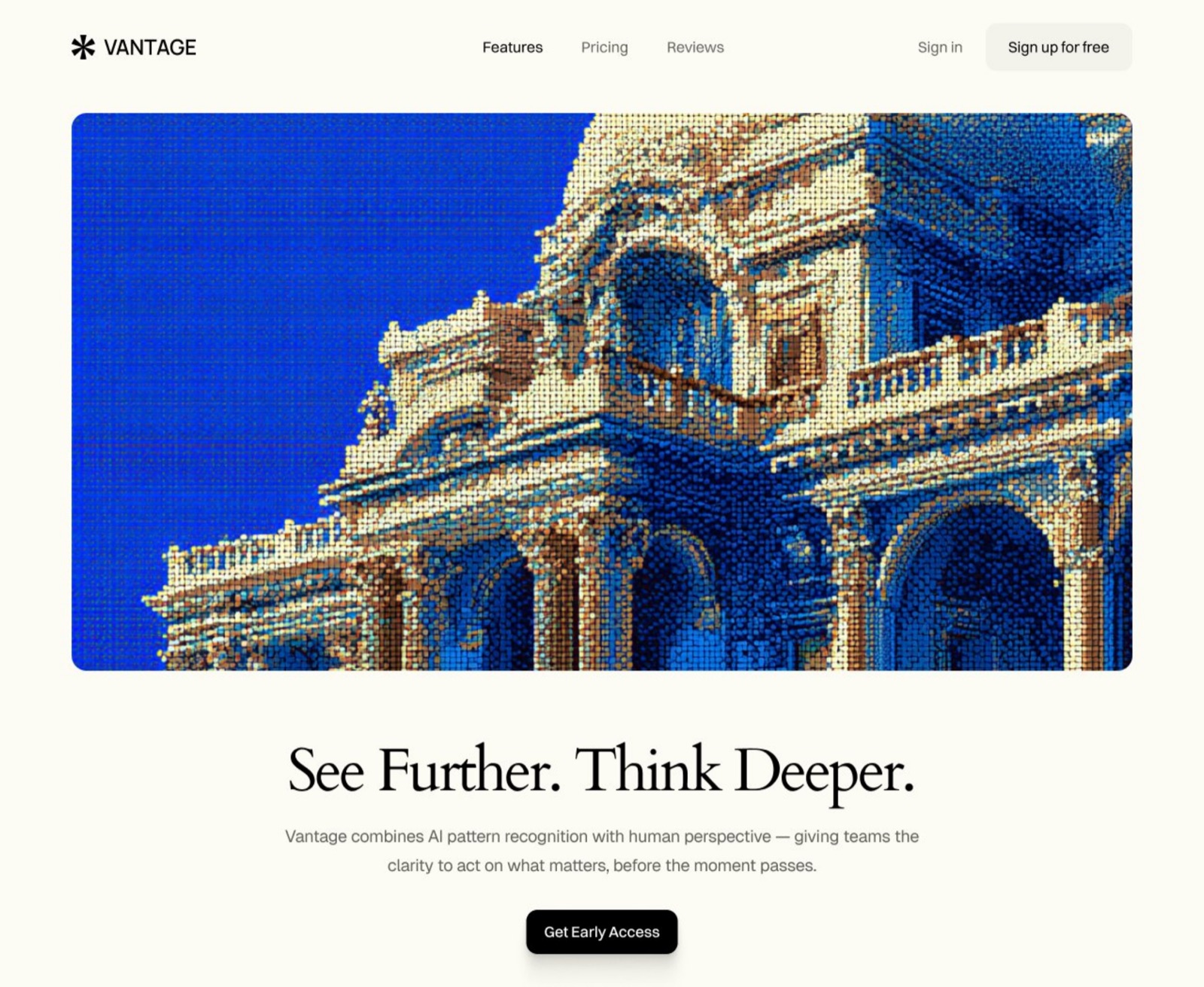 A cream landing page with a large blue halftone image of classical architecture above a serif headline.