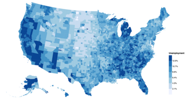 US county unemployment rates, 2009, published by Vega contributors.