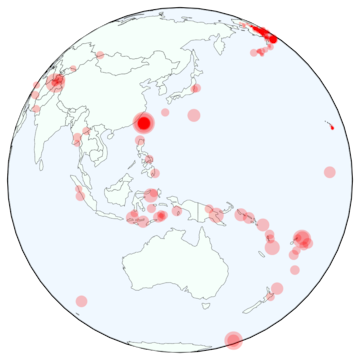 Earthquake locations and magnitude, published by Vega contributors.